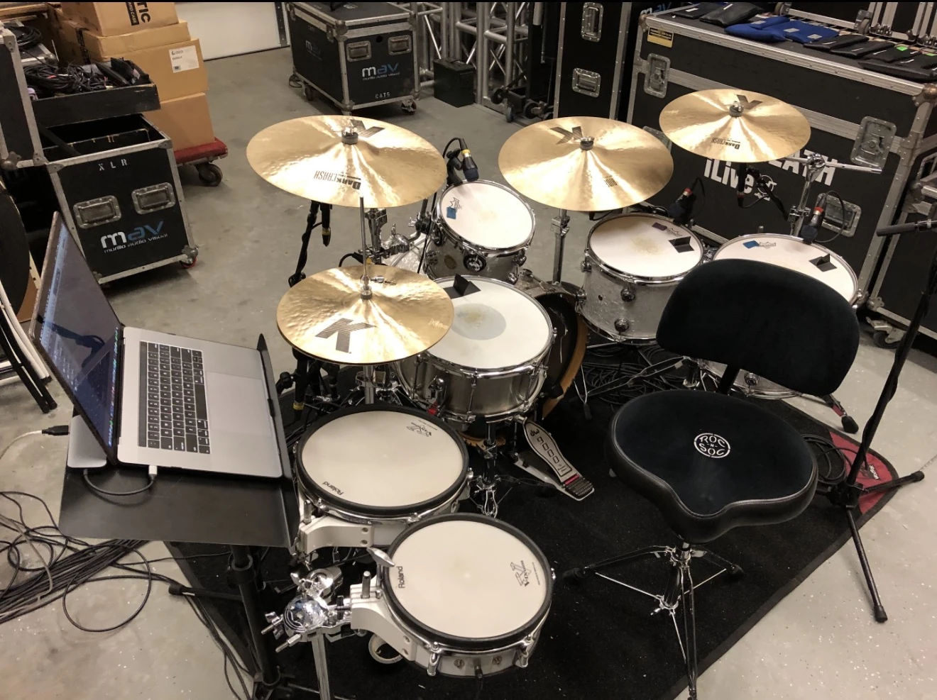 Drum kit set up in the MAV warehouse