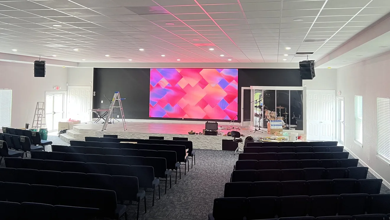 Finished colorful LED wall in the church sanctuary