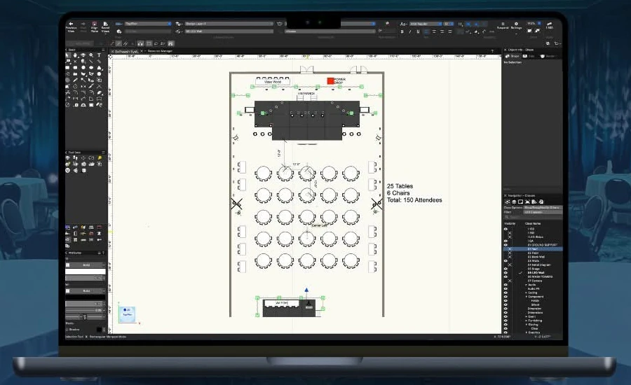Scaled floor plan of a ballroom layout on a laptop