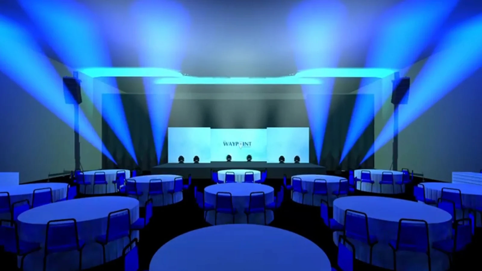 3D render of a ballroom design with LED walls, moving lights and table layout